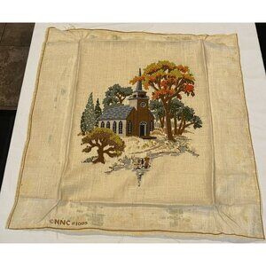 Vtg 1970s Completed Little Church By Lake Crewel Cross Stitch Wall Hanging Decor